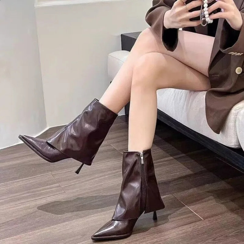 Ankle Boots Women Black Beige Brown Microfiber Leather Women Short Boots Pointed Toe Stiletto High Heel Winter Ladies Boots 241226