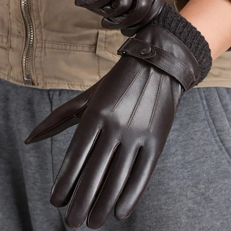 Knitted Rib Men Sheepskin Gloves Winter Motorcycle Top Quality 100% Genuine Leather Gloves Warm Full Finger Gloves Men Brown 241226