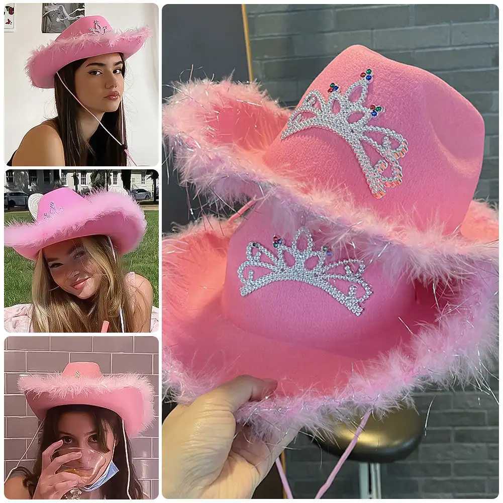 Pink Headpiece Western Cowboy Hat Set Womens Girls Curly Hair Fedora Cs Feather Edge Beach Cowboy Hat Shining Western Party C W241225