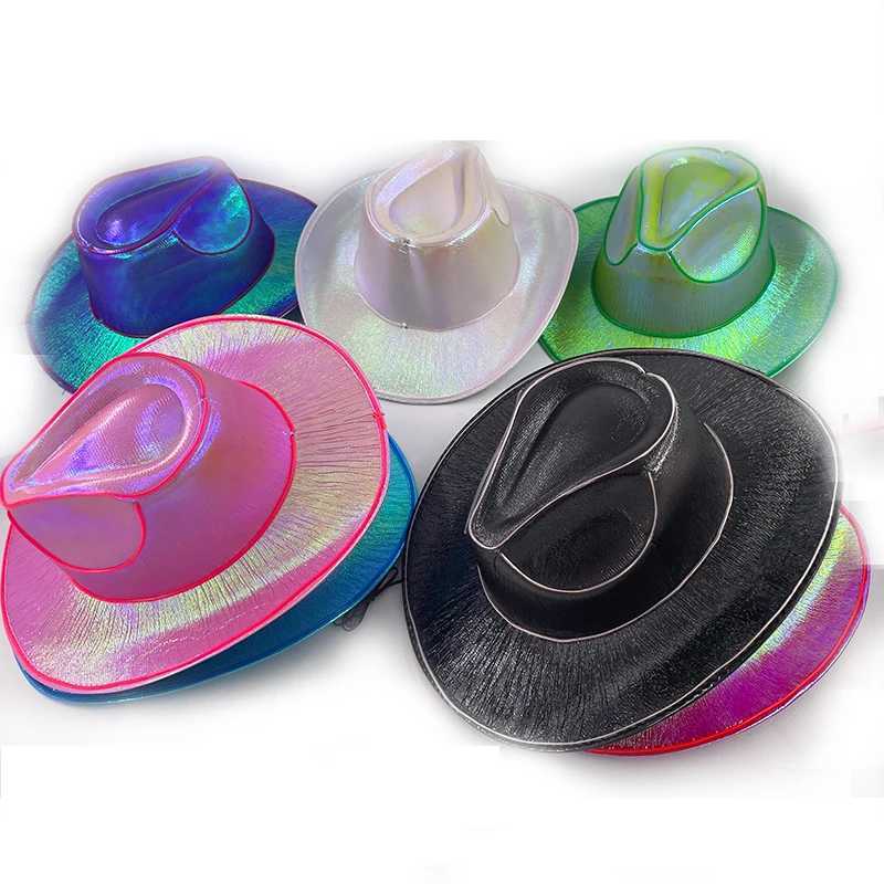 Western style LED cowboy hat denim hat retro LED light Brim jazz top hat luminous bridal hat role-playing clothing denim suit W241225