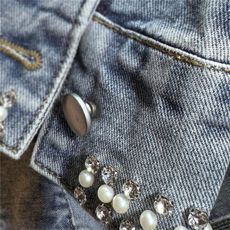 Pearl Bead Diamonds Light Blue Short Denim Jacket Irregular Single-breasted Puff Sleeve Jeans Jacket Spring Women Streetwear 241223