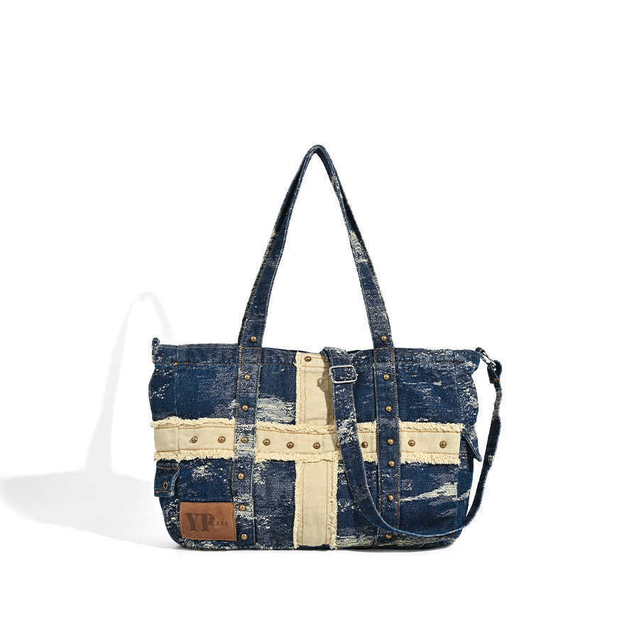 large capacity washed denim bag, fashionable trend tote bag, underarm bag, single shoulder diagonal cross bag 241215