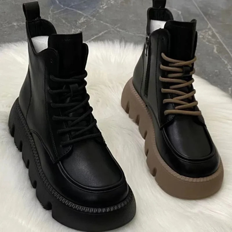 Platform Short Shoes for Women with Laces Footwear Punk Booties Black Combat Lace-up Female Ankle Boots Round Toe Leather Boot 241226