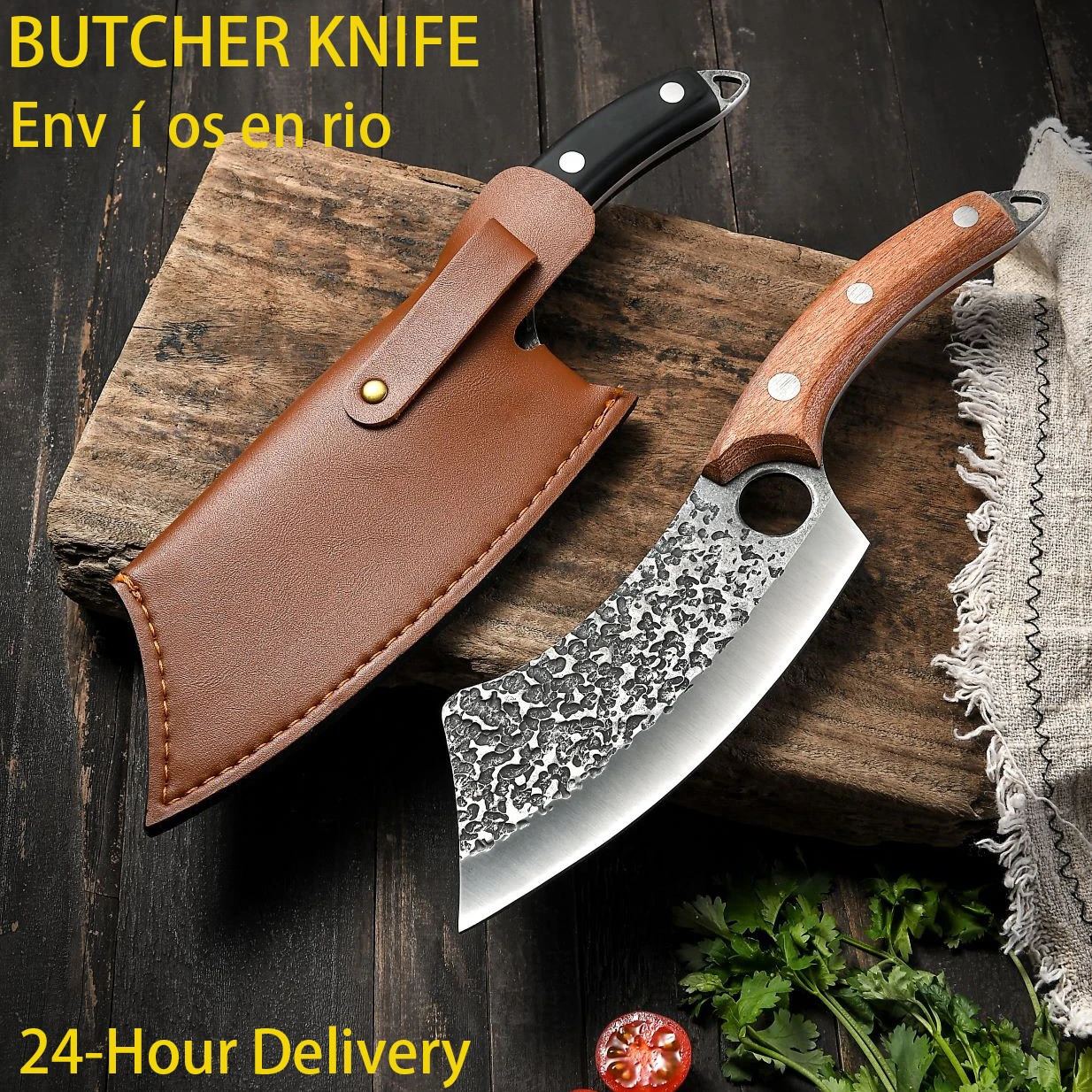 Chefs knife forging stainless steel butcher kitchen meat Boning lawnmower curved knife cutting redwood black wood handle finger ring 241225