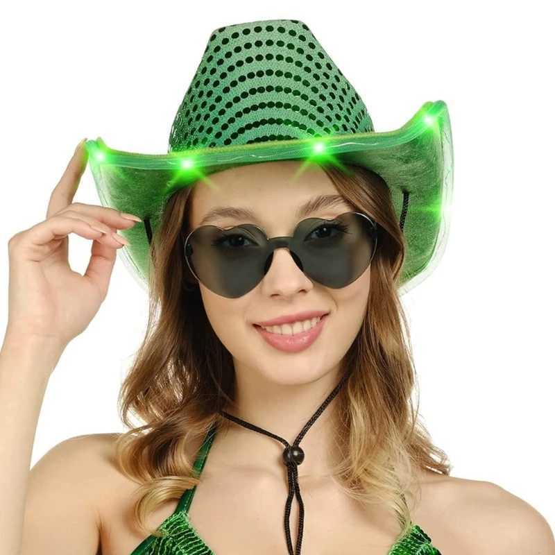 Womens glowing green sequin denim hat wide Brim bride LED lit Brim hat W241225