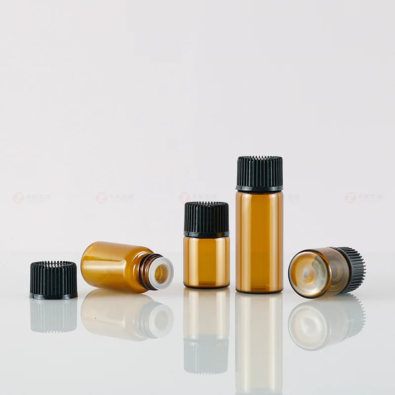 20/50/100/200PCS Mini Empty Glass Amber Essential Oil Bottle with Orifice Reducer Refillable Vials Cosmetic Sample Test Tube 241225