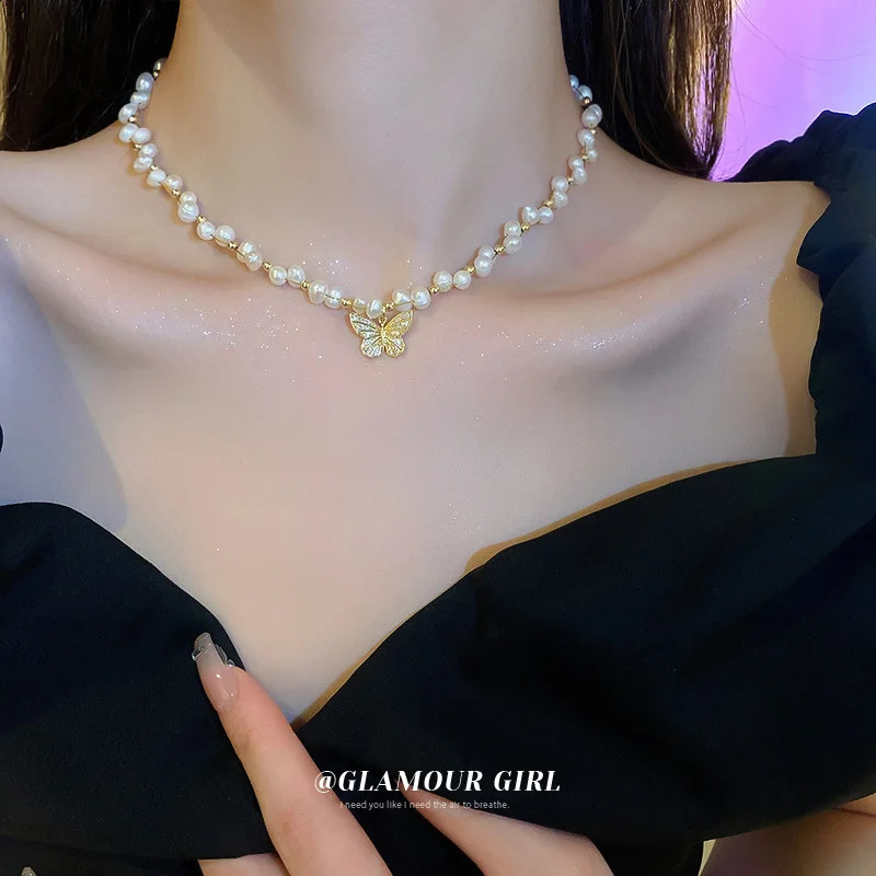 Elegant Butterfly Shiny Crystal Natural Freshwater Baroque Pearl 14K Gold Filled Ladies Necklace Jewelry For Women Short Chain 241226