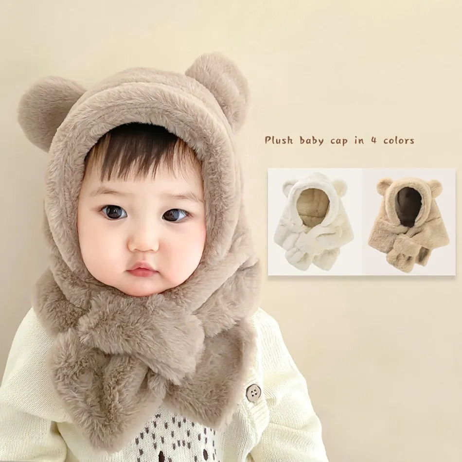 Childrens Solid Color Plush Scarf Hat Cute Cartoon Teddy bear Rabbit Warm Winter Windproof and Cold 241225