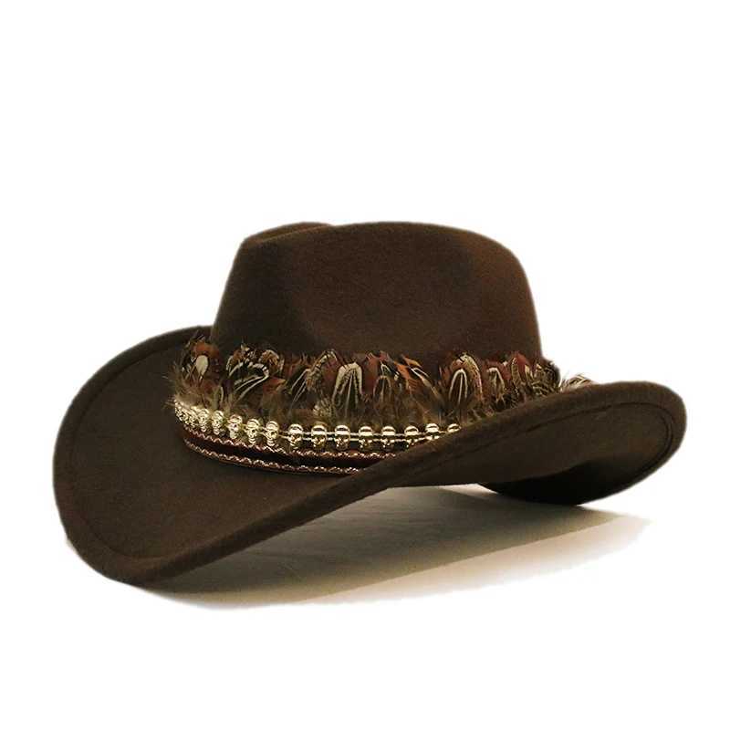 Retro Feather Skull Belt Unisex Womens Mens/Childrens Wool Wide Brim Sun Cowboy Western Cowboy Hat C 54-57-61cm W241225