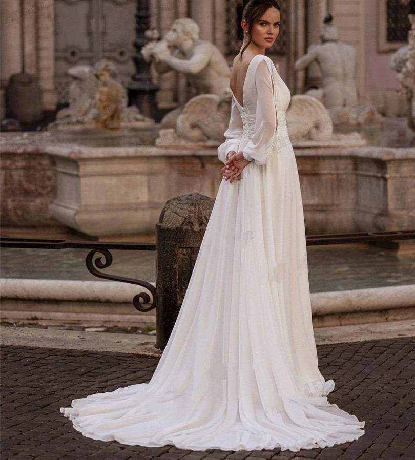 Arrival New Wedding Dresses Deep V Neck Long Puff Sleeves A E Chiffon Silt Bridal Bride Formal Gowns Vestidos De Noiva estidos