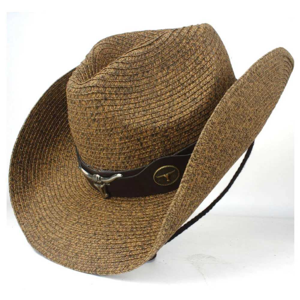 Metal Bullhead Leather Band Chin Str Gangster C Travel Western Cowboy Girls Summer Sunshine Beach Str Sunscreen Hat W241225