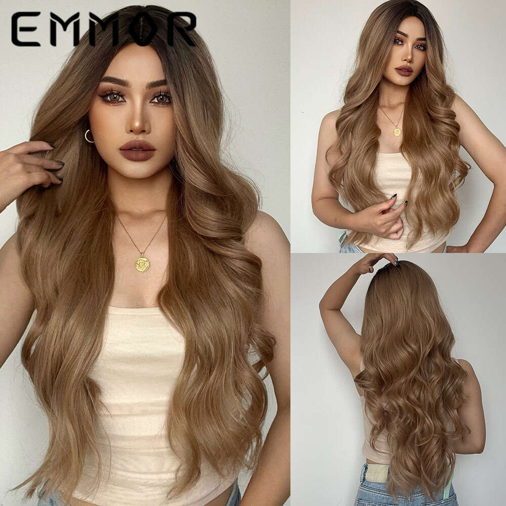 EMMOR Women's Wig Brown Split Gradient Long Curly Hair Chemical Fiber High Temperature Silk Head Cover Wigs Kq1 Kq1