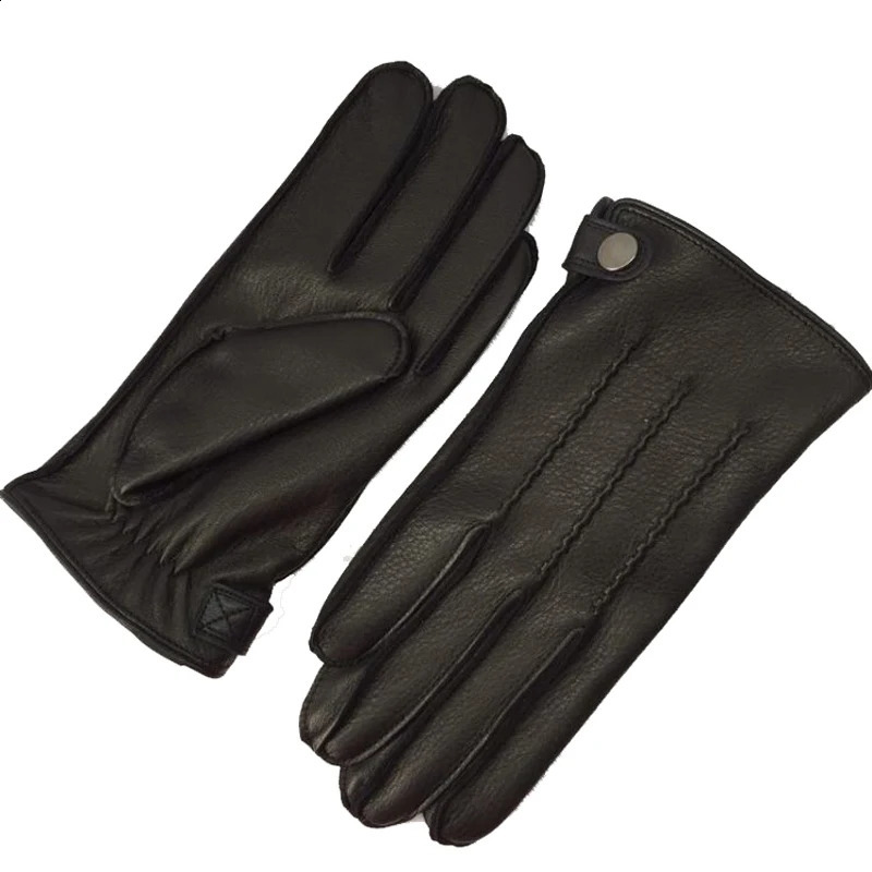 Winter Men Genuine Leather Deerskin Thick Velvet Warm Gloves Male Sewing Black/Brown Thicken Luva Deri Eldiven 241226