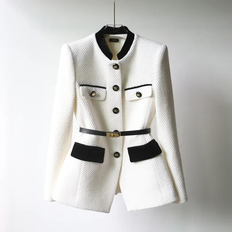 2024Autumn Winter Woolen Coat MidLong The Waist Fashion Women Button Pure Colour Black Temperament Outerwear Female 241225