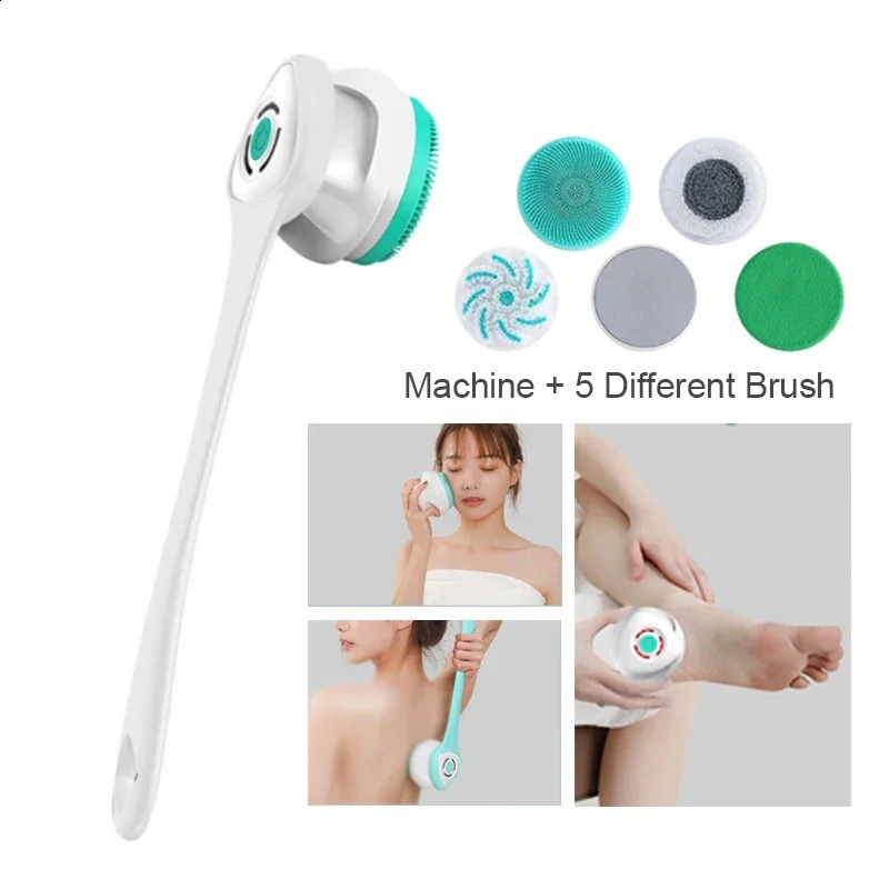 5 in 1 Electric Shower Cleaning Brush Set Rechargeable Long Handle Silicone Back Rubbing Brush for Bath Body Cleaning Massage 241226