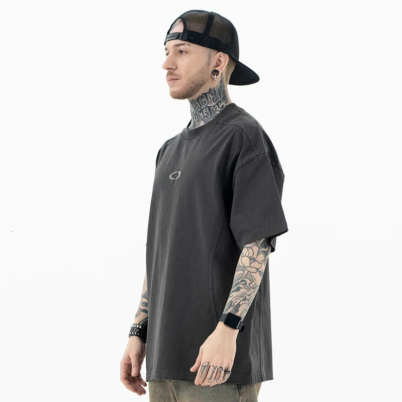 Niche fashion oak embroidery American heavy wash to make old retro street trend short-sleeved mens T-shirt 241225