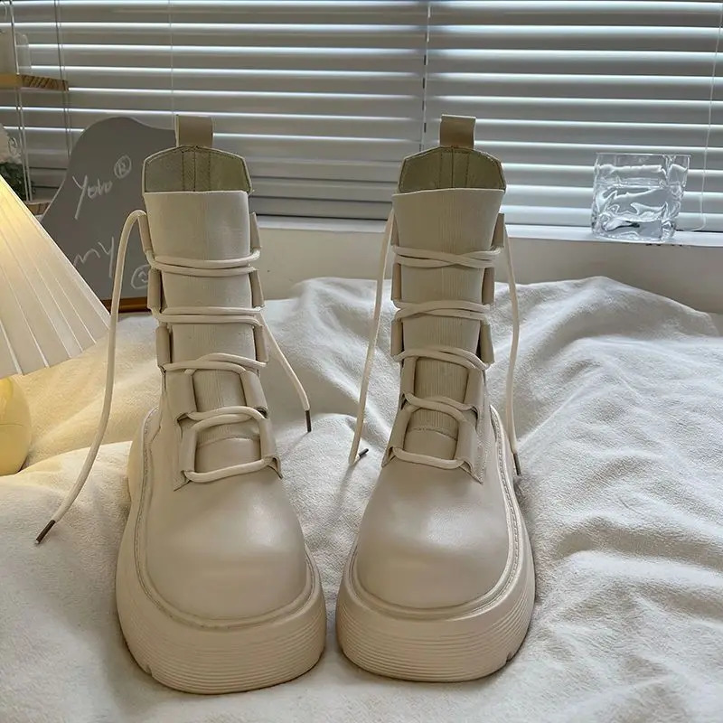 Women Shoes Autumn Winter Ankle Boot Round Toe Rubber Ladies Solid Slip-on Booties Lace Up White Mid-Calf Boots 40 241226