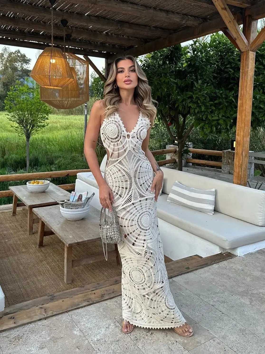 Basic Casual Dresses Urban Sexy Dresses Solid Vneck Slip Knit Maxi Dress Sexy Cover Up Bikini Women Swimsuit Coverup Beach Bathing Suit Beach Wear Kni