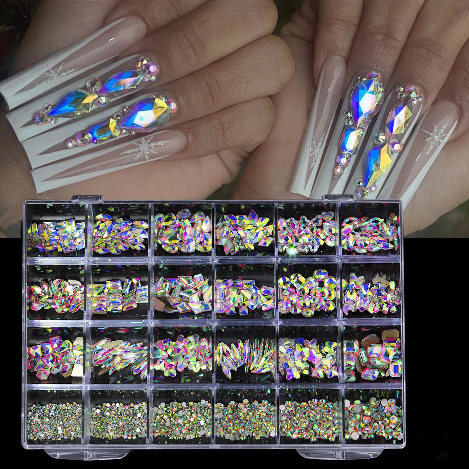 Nail Art 24 grid Rhinestone jewelry set Nail ab Flat Bottom Diamond Nail Shape Diamond Magic Color Flat glass Crystal shaped nai 241226