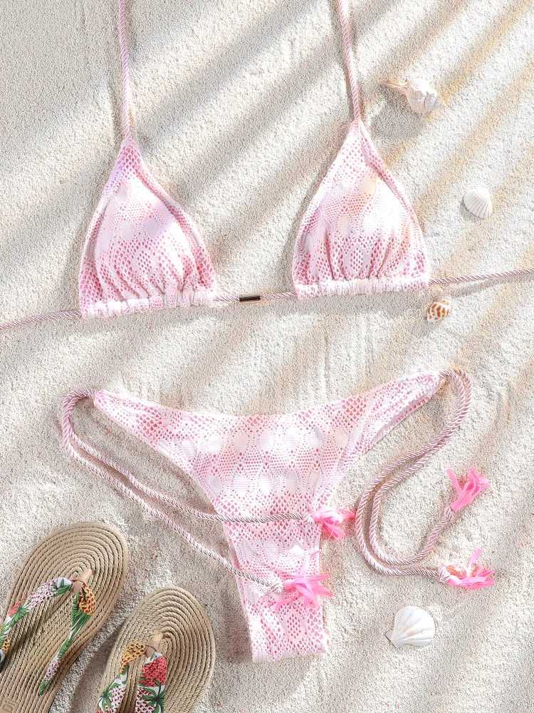 ZRTAK pink bikini triangle Biquinis womens swimsuit bead bikini set push up bikini womens swimsuitW241225