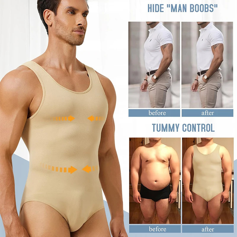 Mens Shapewear Tummy Control Full Body Shaper with Seamless Elastic Round Neck Slimming Bodysuit Sleeveless Undershirts 241225