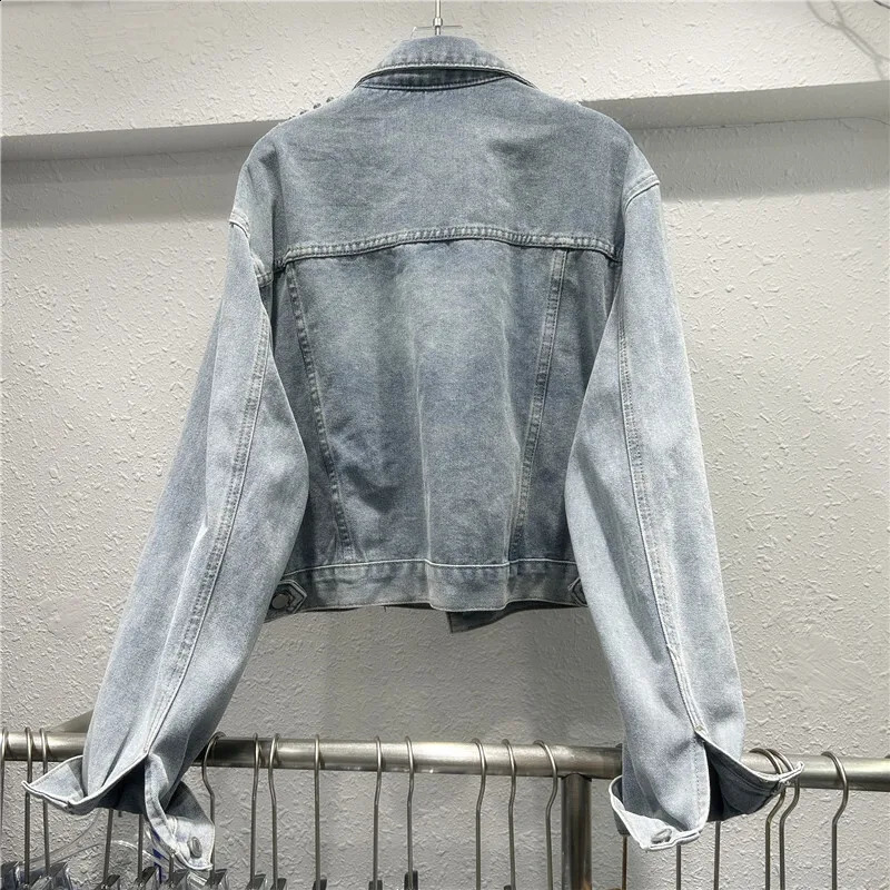 Light Blue Beaded Diamond Short Denim Jacket Women Spring Autumn Casual Lapel Long Sleeve Cow Outerwear Female Streetwear 241223