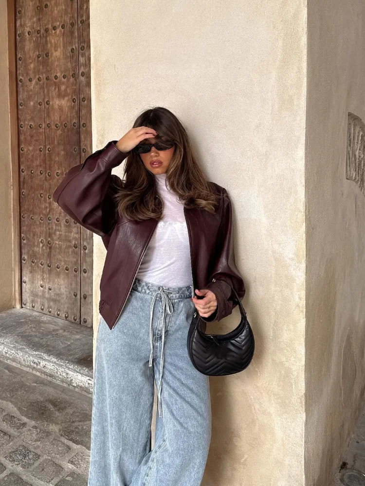 Fashion Solid Pu Leather Womens Warm Jacket Elegant Long Sleeves Zipper Crop Coats Autumn Female 241223