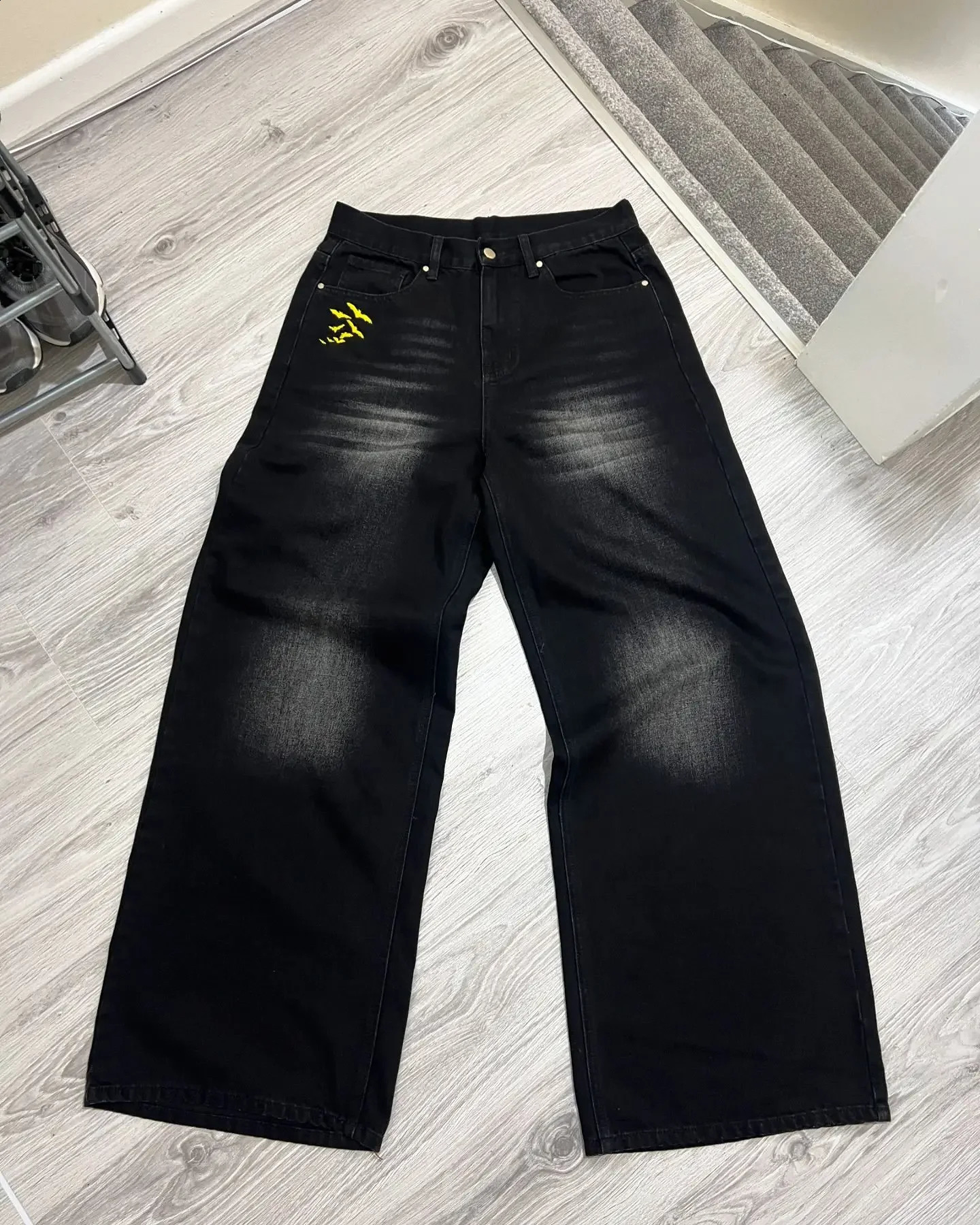 Y2K Bat Animal Embroidery Baggy Jeans Vintage Men Black Washed Hip Hop Goth Denim Pants Fashion Women Straight Wide Leg Trousers 241226