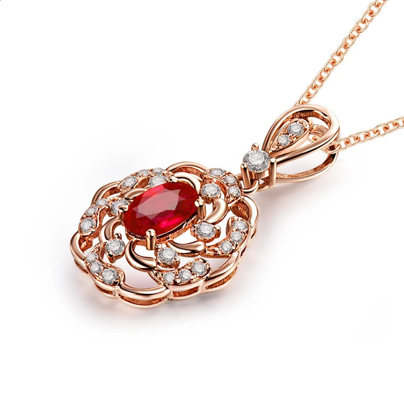 LANMI Real 14K Rose Gold Red Ruby Pendant Necklace Natural Diamond Jewels for Women Party Fine Jewelry 241226