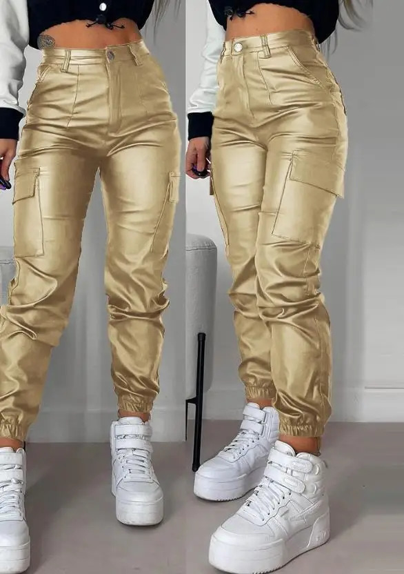 Womens Cargo Pants 2023 Fashion Street Trends Pocket n Cuffed Y2k Tight PU Leather Trousers Autumn High Waist Pant Female 241223