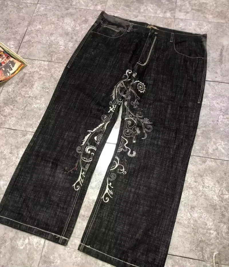 American Y2K Pattern Embroidery Clearance Spot Special Loose Jeans Men Street Hip Hop Oversized Wideleg Pants Unisex 241226