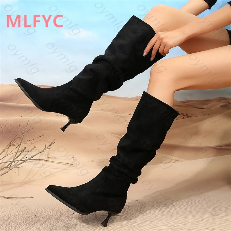 Women Boots Winter Pointed High Heels Stacked Boots Wide Sleeved Long Boots Slimming Thin Heels High Sleeved Knights Boots Mujer 241226