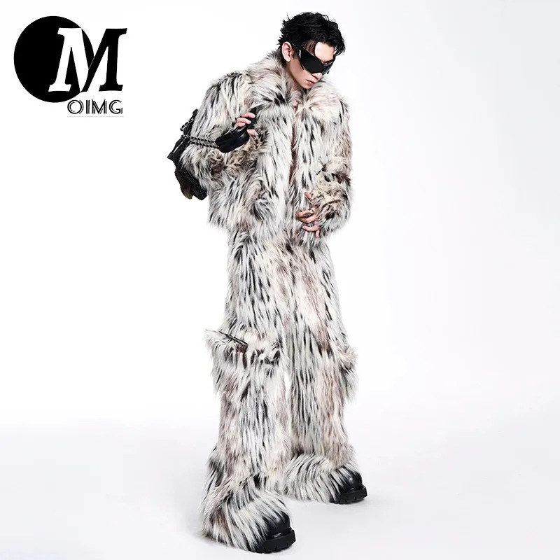 OIMG 2024 Winter Twopiece Long Fur Leopard Print Coat Big Pockets Dedign Trousers Casual Male Sets 241223Z