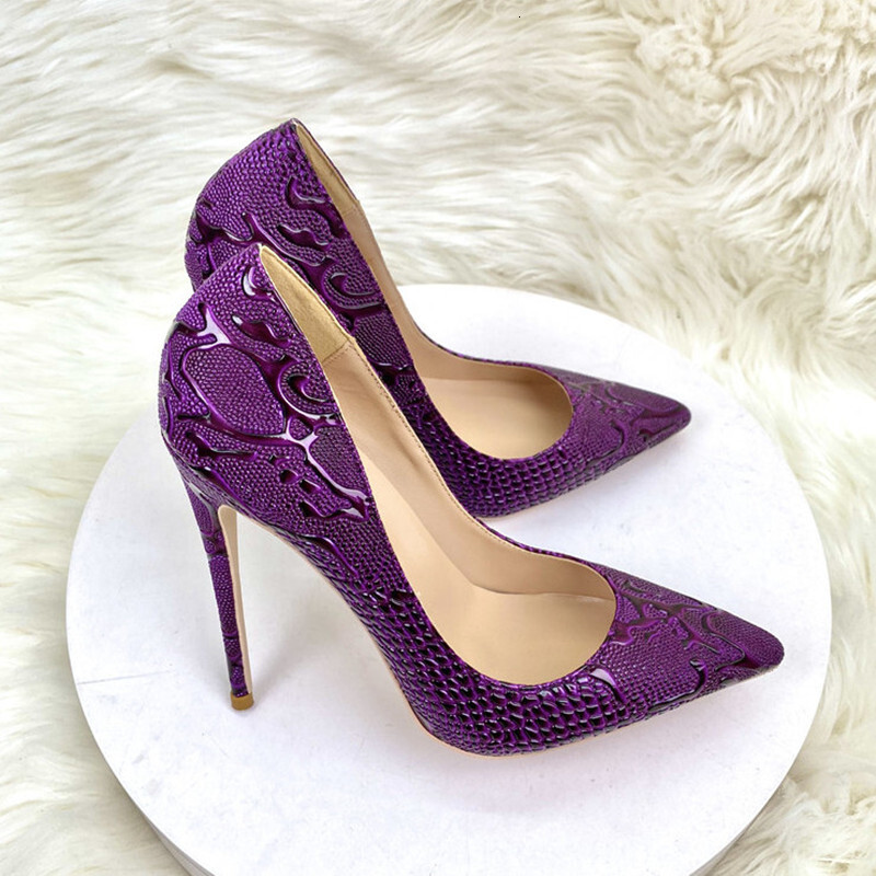 Purple Woman High Heeled Shallow Mouth Pointed Toe Slip On Unique Four Season All Game Pattern Snakes Shoes