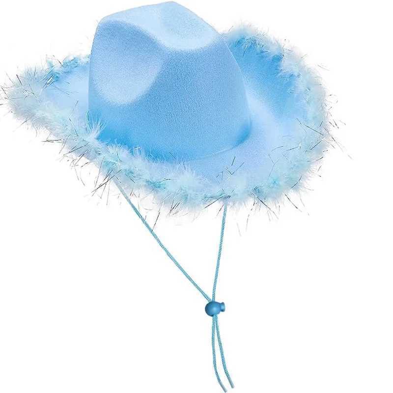 Fashionable Western Womens Cowboy Hat Fluffy Feather Brim Cowboy Girl Cs Halloween Carnival Singles Party Role Playing Cowboy Hat W241225