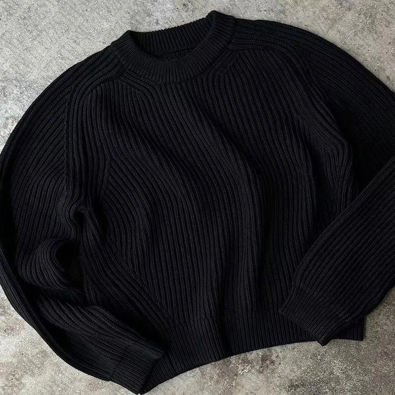 High street solid color pattern knitted sweater fashion cotton 90S top loose cotton street American retro punk hops mens sweater 241224