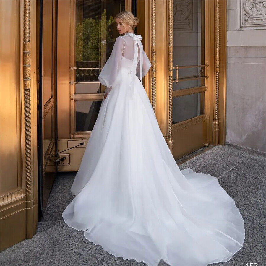 Plus Size Organza Wedding Dresses High Neck Illusion Long Sleeve Bridal Gowns Robe de mariee Custom Made
