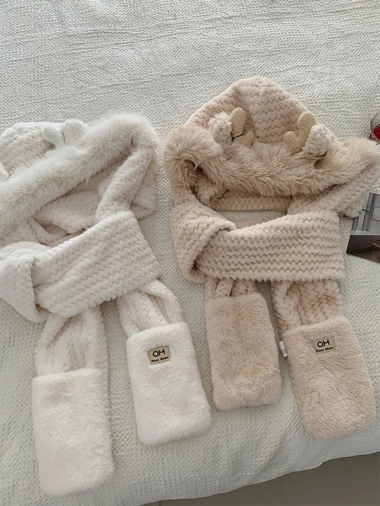 Fashion Elk Antlers Plush Hat Scarf Gloves Womens Winter Ear Protector Thickened Lei Feng Hat Cycling Ski Cap Wind Proof 241225