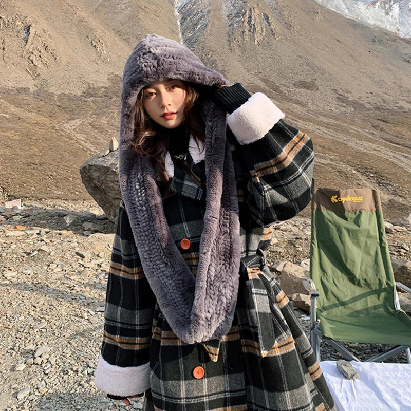 Women Real Knitted Rex Rabbit Fur Hat Hooded Scarf Long Winter Warm Fur Hat With Neck Collar Scarves Hat Scarf 241225