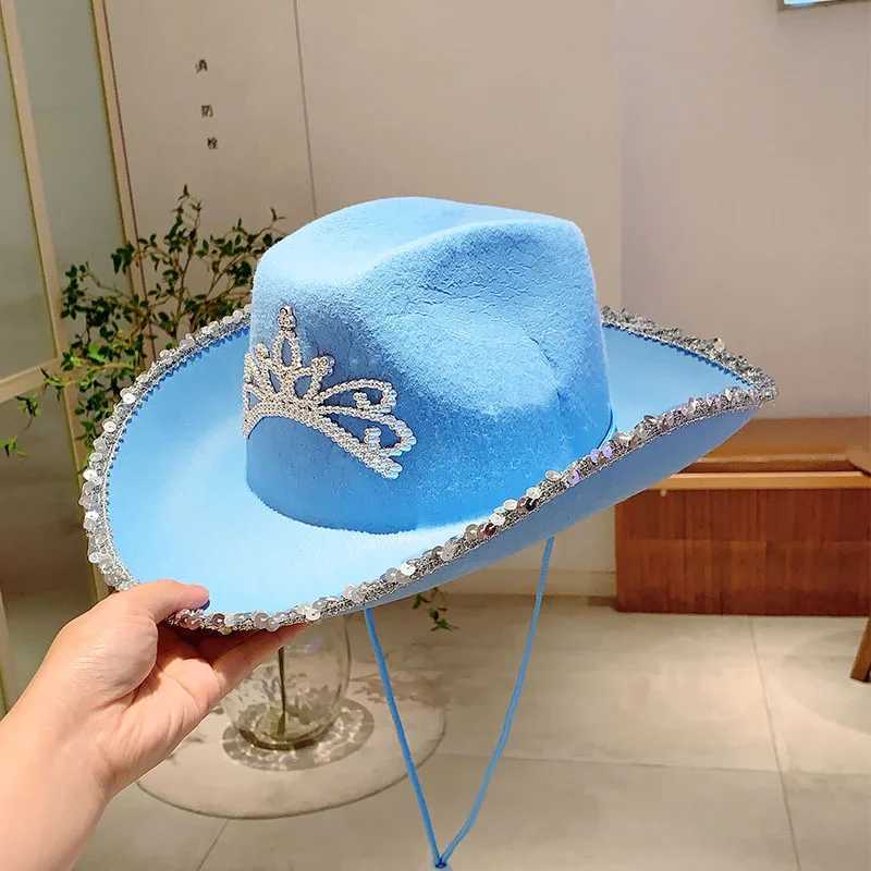 KAMMPT Wide Brim Pink Cowboy Hat Cowboy Girls Party Carnival Western Hat Fashion Shining Crown Glitter Feather Cs W241225
