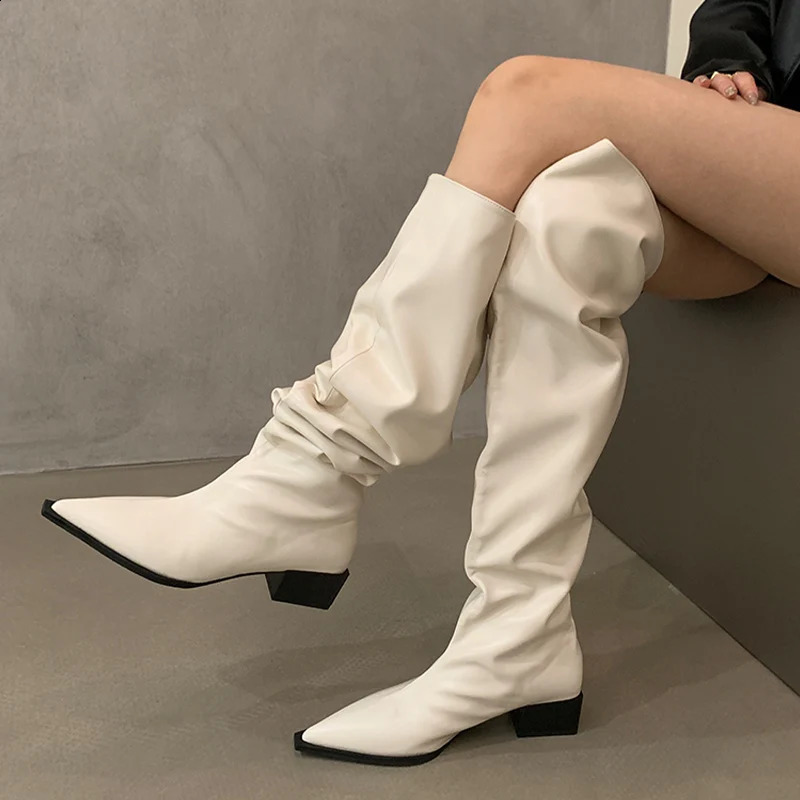 Over The Knee Women Chelsea Boots Pointed Toe Mid Heels Shoes Winter Classic Motorcycle Boots Goth Lady Chaussures 241226