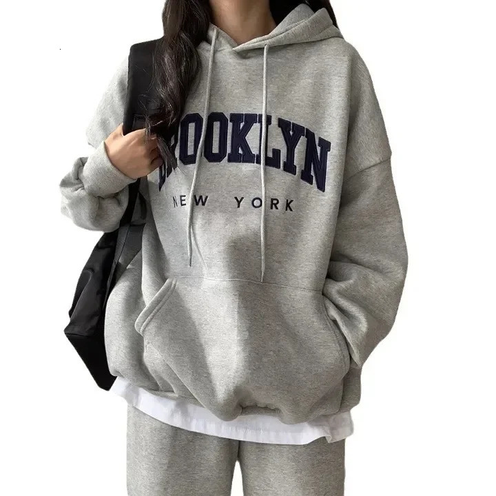 American Style Embroidery Letter Hooded Sweatshirt Womens Loose Fit Thickened Fleece Lined Crossborder Clothing 241223