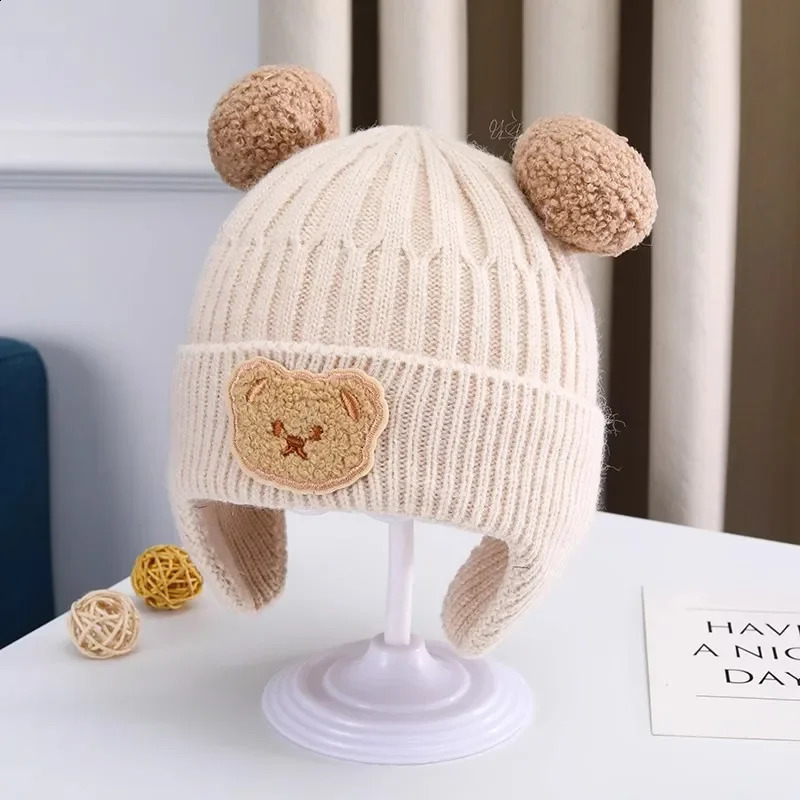 Baby wool hat cute bear ear protection children winter thickened warm knitted Korean version of the baby 241225
