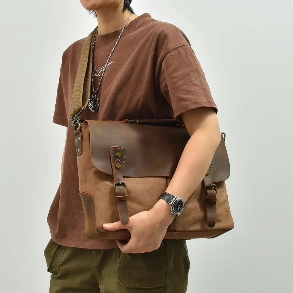 High Quality Portable Briefcase Leather with Canvas American Retro Messenger Bag Shoulder Messenger Bag Multi-purpose 241225