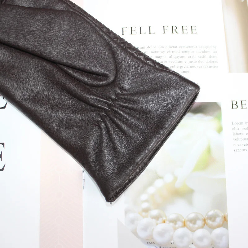 Womens Sheepskin Gloves Touch Screen Leather Fashion Sheepskin Woven Warm Wool Knitted Lining Driving Gloves High end 241226