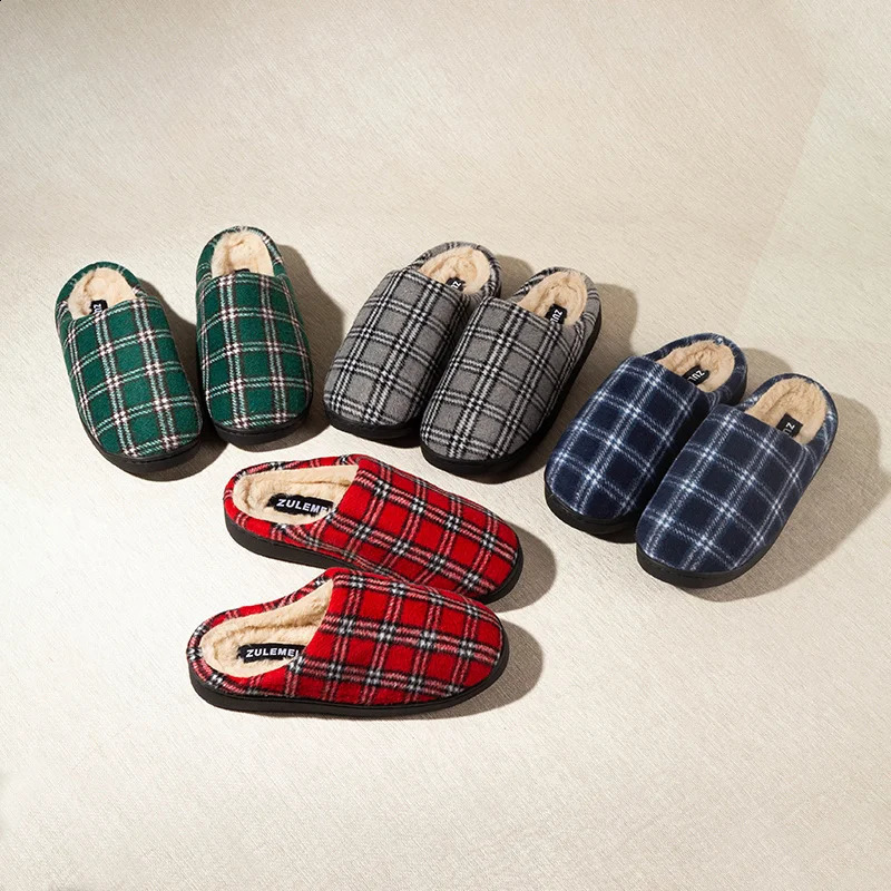 Mens Striped Warm House Fleece Cozy Non-slip Plaid Cotton Mops Couples Slippers Winter Soft Indoor Bedroom Couples Shoes250114