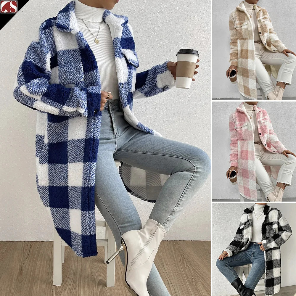 Women Long Plaid Fleece Sweatshirt Coat Autumn Winter Turn Down Collar Sleeve Pocket Button Loose Flurry XLong Trench 241223