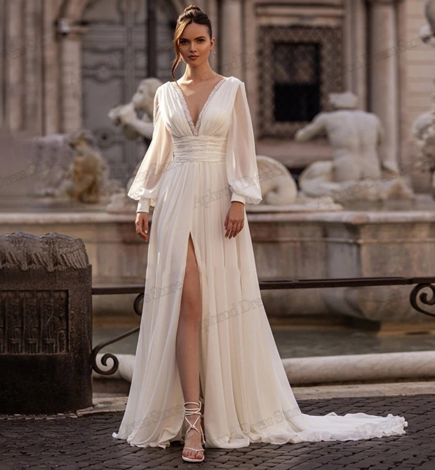 Arrival New Wedding Dresses Deep V Neck Long Puff Sleeves A E Chiffon Silt Bridal Bride Formal Gowns Vestidos De Noiva estidos