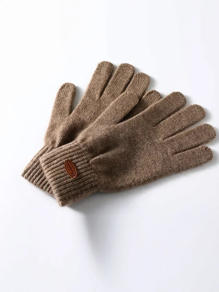 Women 100% Real Cashmere Knitted Thick Gloves Ribbed Cuff Fall Winter Touchscreen Finger Warm Wrist Length Classic Female Mitten 241226
