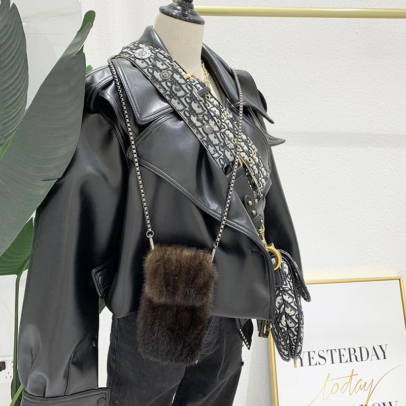 Fashion Mini Mink Hair Coin Purse Crossbody Small Bag Mobile Phone Bag All-Matching Womens Shoulder Mobile Phone Bag241226